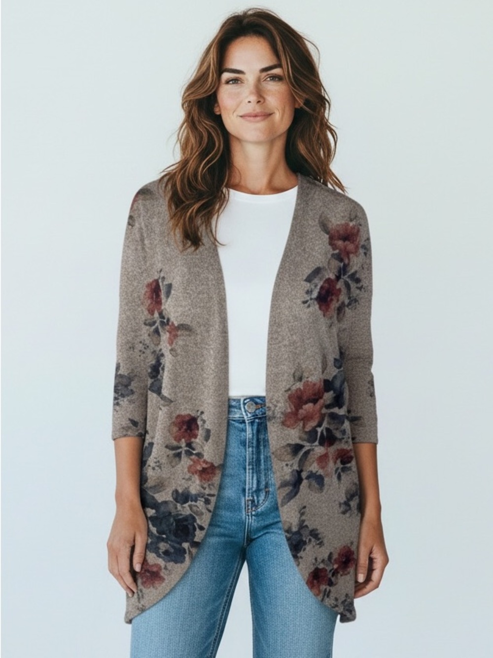 Live in the Moment Women's L Open Longline Lightweight Cardigan Beige Floral